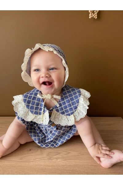 Kız Bebek Şapkalı Dantel Fistolu Çıtçıtlı Romper Badi İkili Set - MAVİ
