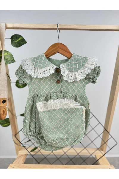 Kız Bebek Şapkalı Dantel Fistolu Çıtçıtlı Romper Badi İkili Set - SU YEŞİLİ