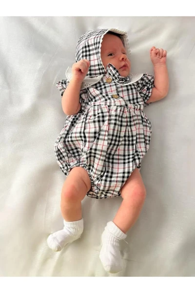 Kız Bebek Şapkalı PötiKare Desenli Çıtçıtlı Romper Badi İkili Set - SİYAH