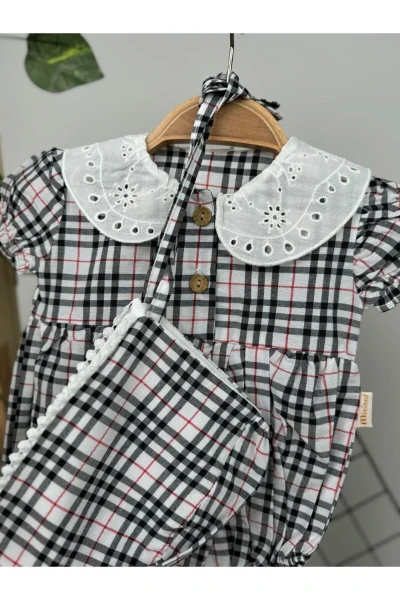 Kız Bebek Şapkalı PötiKare Desenli Çıtçıtlı Romper Badi İkili Set - SİYAH