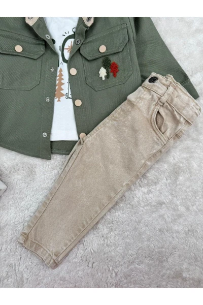 Kot Ceketli Kot Pantolonlu Badili Erkek Bebek/Çocuk Bayramlık Şık 3'lü Takım - YEŞİL