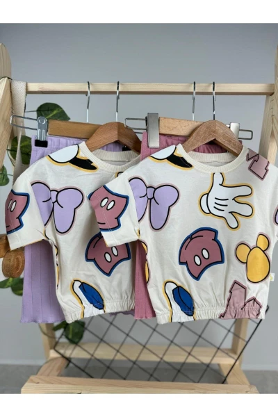 KURDELE HARF BASKILI RENGARENK MİCKEY KIZ BEBEK/ÇOCUK İKİLİ TAKIM - LİLA