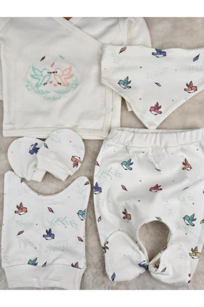 Kuş Nakışlı %100 Pamuklu Kız Bebek Yenidoğan 5'li Set - RENKLİ