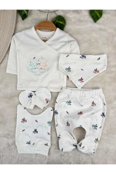 Kuş Nakışlı %100 Pamuklu Kız Bebek Yenidoğan 5'li Set - RENKLİ