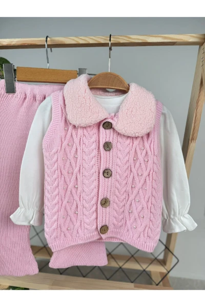 Kuzu Yakalı İnci Detay Hırkalı Badili 3'lü Triko Premium Kız Bebek Takım - PEMBE