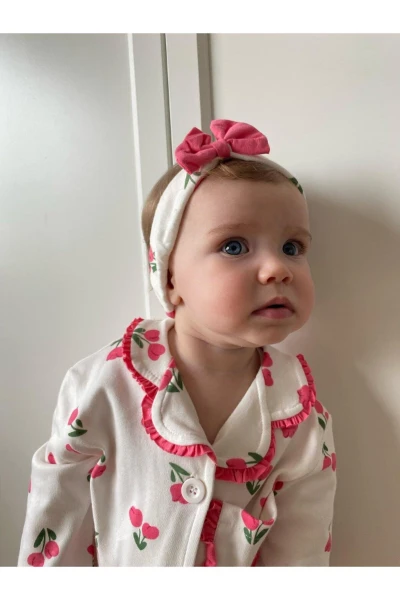 Lale Temalı Bebe Yakalı %100 Pamuk Fırfır Detaylı Bandanalı 3'lü Pijama Takım - PEMBE