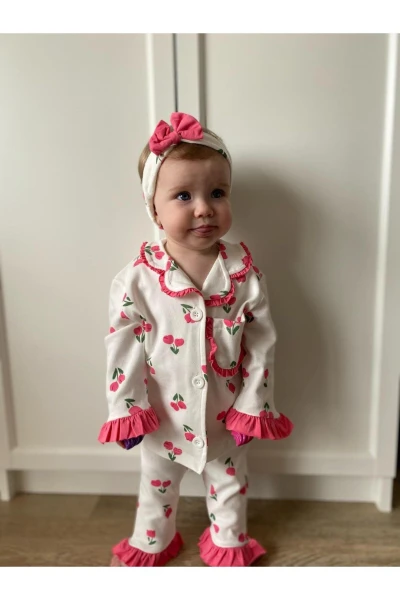 Lale Temalı Bebe Yakalı %100 Pamuk Fırfır Detaylı Bandanalı 3'lü Pijama Takım - PEMBE