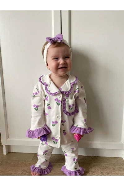 Lale Temalı Bebe Yakalı %100 Pamuk Fırfır Detaylı Bandanalı 3'lü Pijama Takım - MOR
