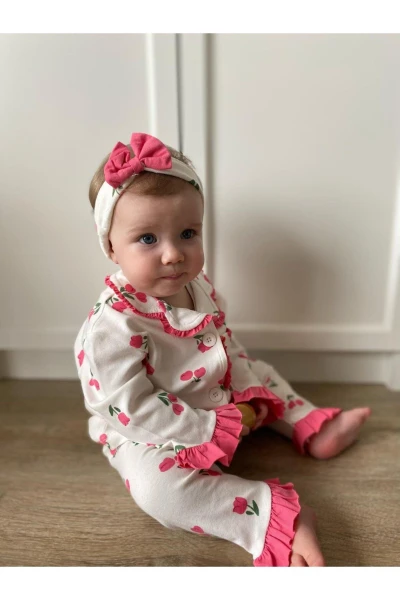 Lale Temalı Bebe Yakalı %100 Pamuk Fırfır Detaylı Bandanalı 3'lü Pijama Takım - PEMBE