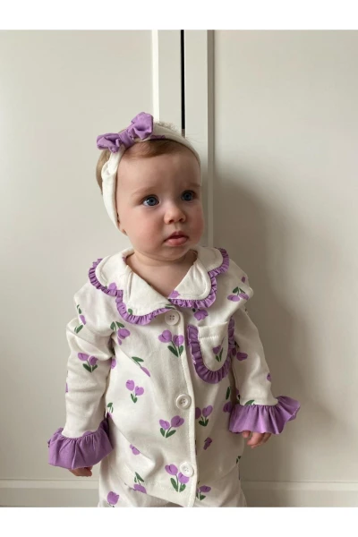 Lale Temalı Bebe Yakalı %100 Pamuk Fırfır Detaylı Bandanalı 3'lü Pijama Takım - MOR