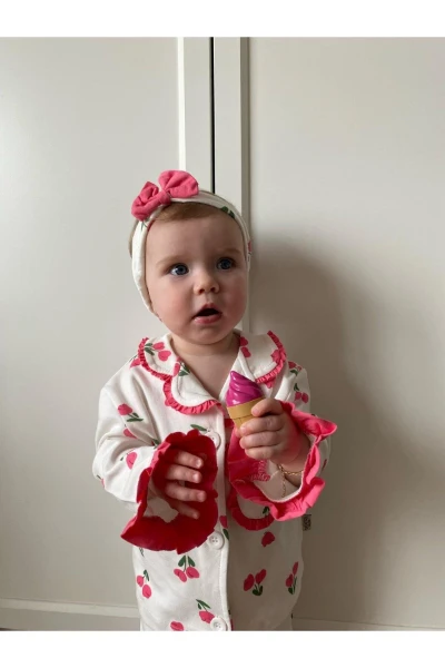 Lale Temalı Bebe Yakalı %100 Pamuk Fırfır Detaylı Bandanalı 3'lü Pijama Takım - PEMBE