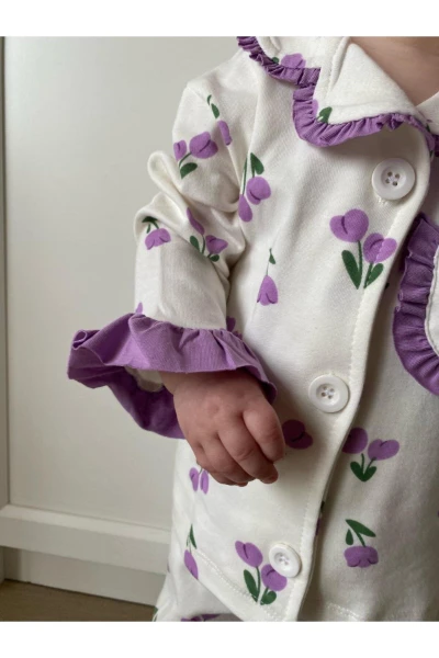 Lale Temalı Bebe Yakalı %100 Pamuk Fırfır Detaylı Bandanalı 3'lü Pijama Takım - MOR