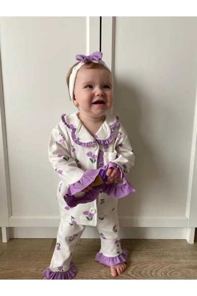 Lale Temalı Bebe Yakalı %100 Pamuk Fırfır Detaylı Bandanalı 3'lü Pijama Takım - MOR