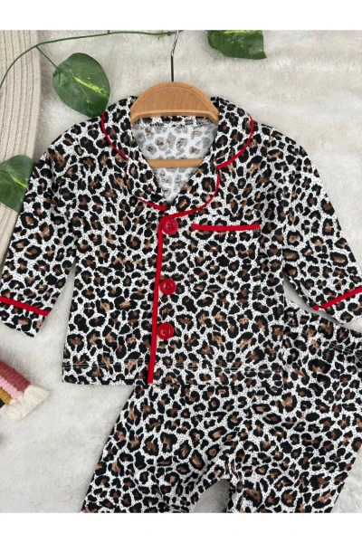 Leopar Desenli Düğmeli Kız Bebek/Çocuk Pijama İkili Takım - KIRMIZI