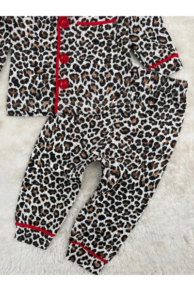 Leopar Desenli Düğmeli Kız Bebek/Çocuk Pijama İkili Takım - KIRMIZI