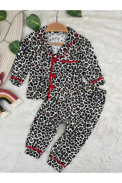 Leopar Desenli Düğmeli Kız Bebek/Çocuk Pijama İkili Takım - KIRMIZI