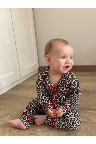 Leopar Desenli Düğmeli Kız Bebek/Çocuk Pijama İkili Takım - KIRMIZI