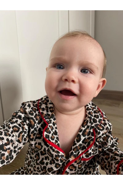 Leopar Desenli Düğmeli Kız Bebek/Çocuk Pijama İkili Takım - KIRMIZI