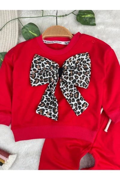 Leopar Fiyonklu Mevsimlik 2 İplik Kız Bebek/Çocuk İkili Takım - KIRMIZI