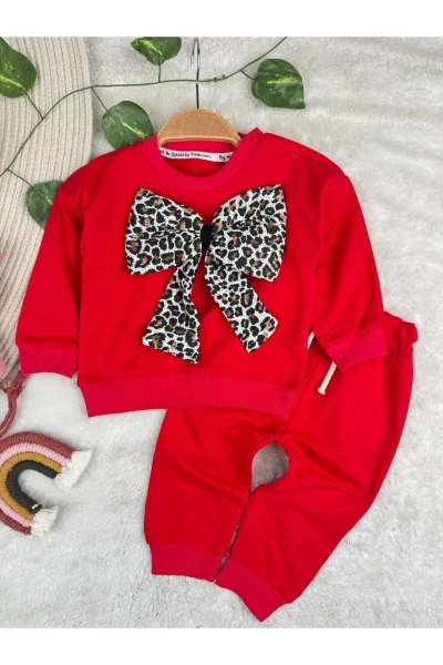 Leopar Fiyonklu Mevsimlik 2 İplik Kız Bebek/Çocuk İkili Takım - KIRMIZI