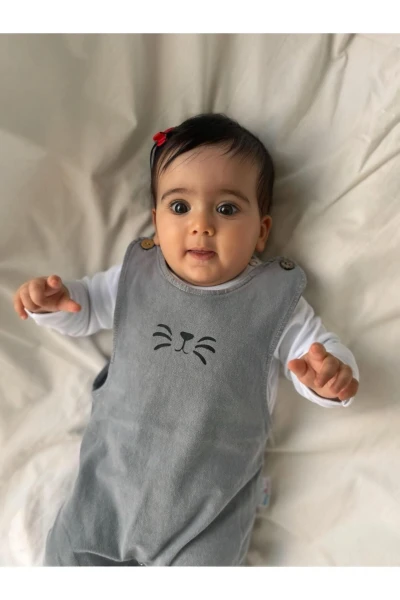 Likralı Yumuşacık Arkası Kulak Detaylı Kot Salopetli %100 Pamuk Badili 2'li Set - GRİ