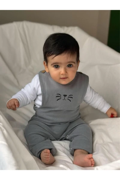 Likralı Yumuşacık Arkası Kulak Detaylı Kot Salopetli %100 Pamuk Badili 2'li Set - GRİ
