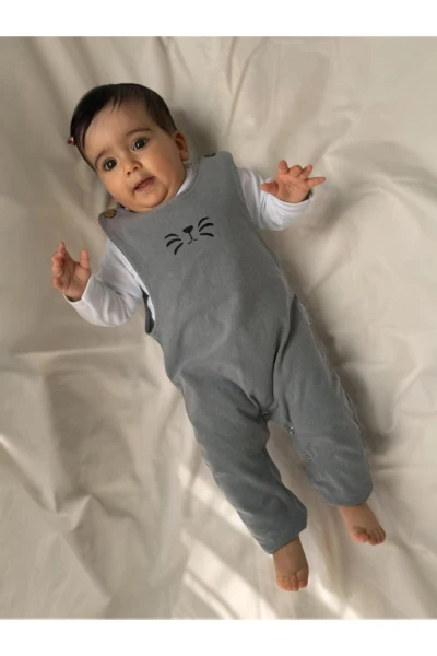 Likralı Yumuşacık Arkası Kulak Detaylı Kot Salopetli %100 Pamuk Badili 2'li Set - GRİ