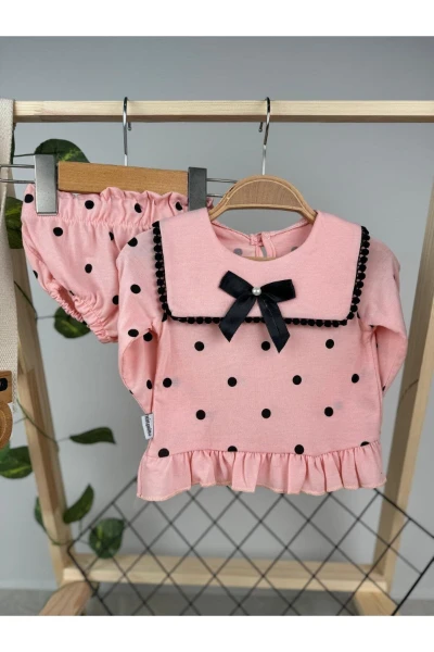 Liraklı %100 Pamuk Penye Puantiyeli Külotlu Kız Bebek İkili Takım - PUDRA PEMBE