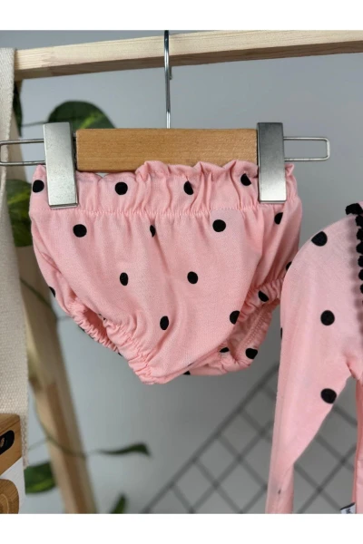 Liraklı %100 Pamuk Penye Puantiyeli Külotlu Kız Bebek İkili Takım - PUDRA PEMBE