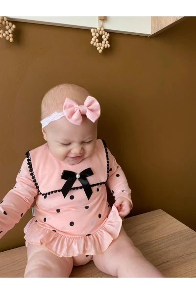 Liraklı %100 Pamuk Penye Puantiyeli Külotlu Kız Bebek İkili Takım - PUDRA PEMBE