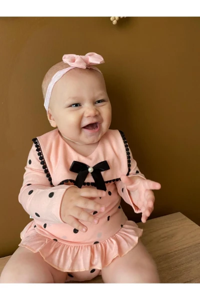 Liraklı %100 Pamuk Penye Puantiyeli Külotlu Kız Bebek İkili Takım - PUDRA PEMBE