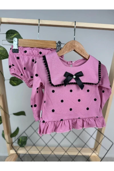 Liraklı %100 Pamuk Penye Puantiyeli Külotlu Kız Bebek İkili Takım - LİLA