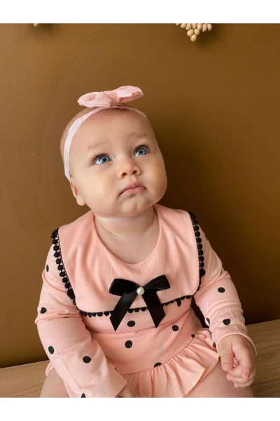 Liraklı %100 Pamuk Penye Puantiyeli Külotlu Kız Bebek İkili Takım - PUDRA PEMBE