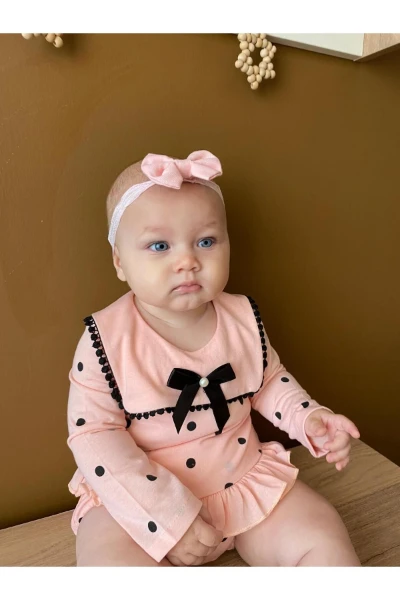 Liraklı %100 Pamuk Penye Puantiyeli Külotlu Kız Bebek İkili Takım - PUDRA PEMBE
