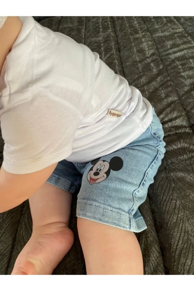 Mickey Mouse Baskılı Kot Şortlu Premium Unisex İkili Takım - BEYAZ