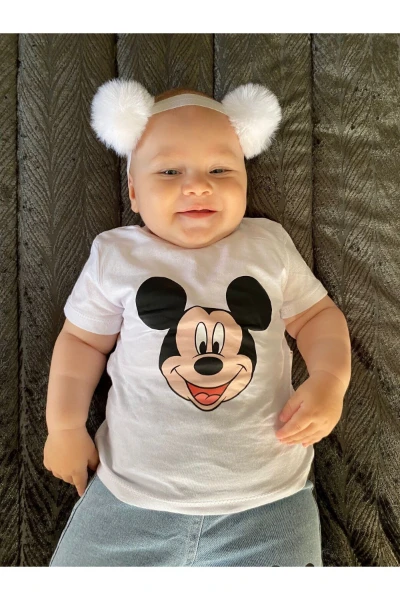 Mickey Mouse Baskılı Kot Şortlu Premium Unisex İkili Takım - BEYAZ