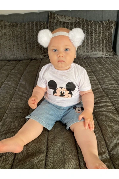 Mickey Mouse Baskılı Kot Şortlu Premium Unisex İkili Takım - BEYAZ