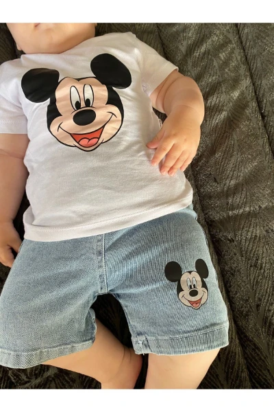 Mickey Mouse Baskılı Kot Şortlu Premium Unisex İkili Takım - BEYAZ