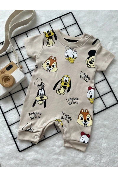 Miki Baskılı Kısa Kollu Alttan Çıtçıtlı Unisex Tulum - KREM