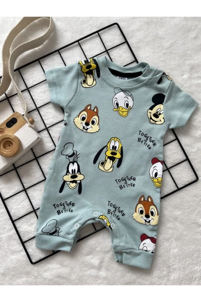 Miki Baskılı Kısa Kollu Alttan Çıtçıtlı Unisex Tulum - SUYEŞİLİ