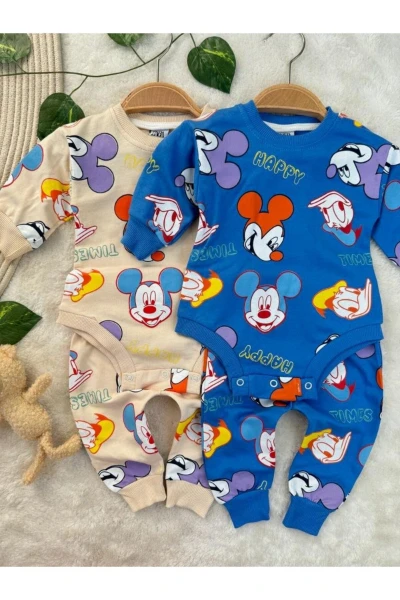 Miki Desenli Çıtçıtlı Badili Unisex Bebek/Çocuk İkili Takım - SAKS MAVİSİ