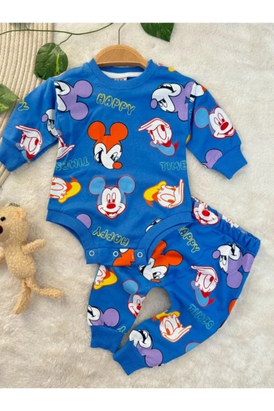 Miki Desenli Çıtçıtlı Badili Unisex Bebek/Çocuk İkili Takım - SAKS MAVİSİ