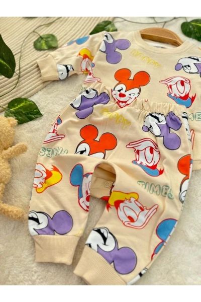 Miki Desenli Çıtçıtlı Badili Unisex Bebek/Çocuk İkili Takım - KREM