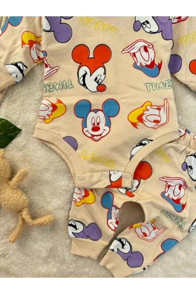 Miki Desenli Çıtçıtlı Badili Unisex Bebek/Çocuk İkili Takım - KREM