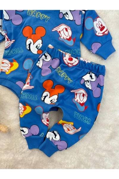 Miki Desenli Çıtçıtlı Badili Unisex Bebek/Çocuk İkili Takım - SAKS MAVİSİ