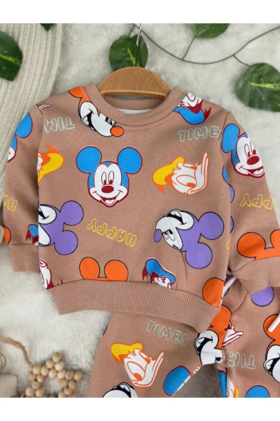 Miki Mouse Baskılı 3 İplik Unisex Kışlık İkili Takım - KAHVERENGİ