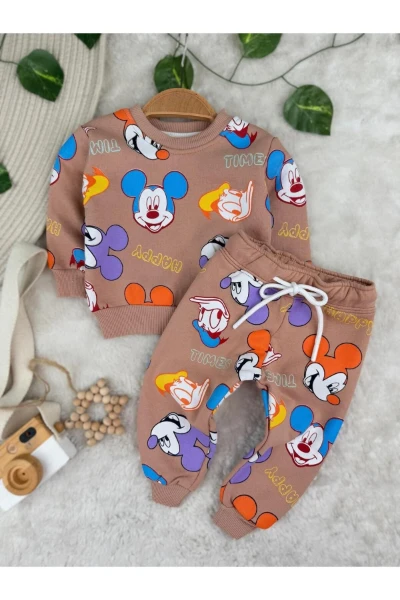 Miki Mouse Baskılı 3 İplik Unisex Kışlık İkili Takım - KAHVERENGİ