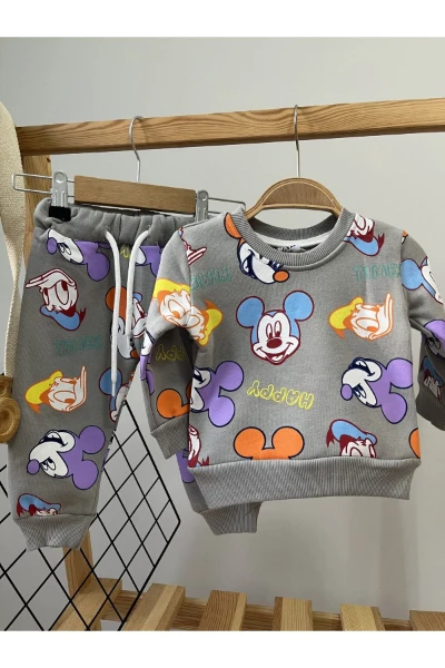 Miki Mouse Baskılı 3 İplik Unisex Kışlık İkili Takım - GRİ