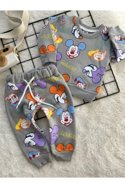 Miki Mouse Baskılı 3 İplik Unisex Kışlık İkili Takım - GRİ