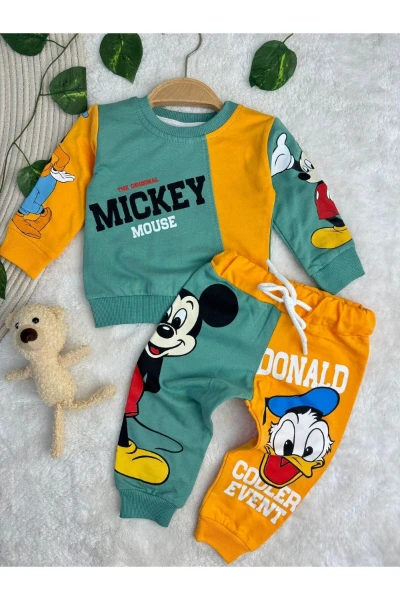 Miki/Mini Mouse Baskılı İki İplik Mevsimlik Kız/Erkek Bebek/Çocuk İkili Takım - YEŞİL